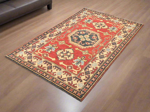 Hand-Knotted Vegetable Dye Kazak Rug from Pakistan, size 3' 4" x 5' 3"