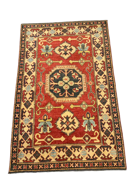 Hand-Knotted Vegetable Dye Kazak Rug from Pakistan, size 3' 4" x 5' 3"