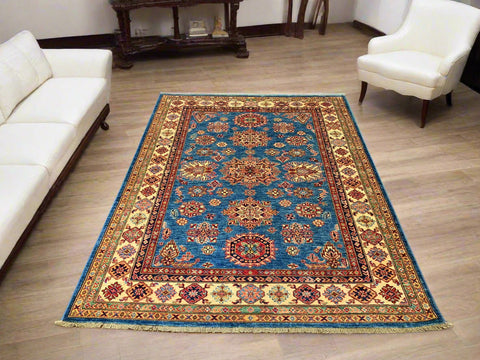 Hand-Knotted Vegetable Dye Kazak Rug from Pakistan Size 5' 10" x 7' 11"