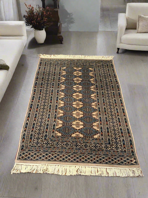 Hand-Knotted Pakistani Wool Rug, Tribal/Floral Design, size 3" x 4' 7"