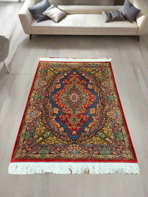 Exquisite 100% Silk Persian Design Rug – Elegant and Luxurious, size 3" x 5" (H)