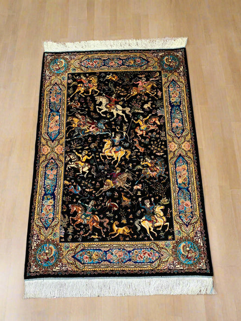 Exquisite 100% Silk Persian Design Rug – Elegant and Luxurious, size 3" x 5" (H)