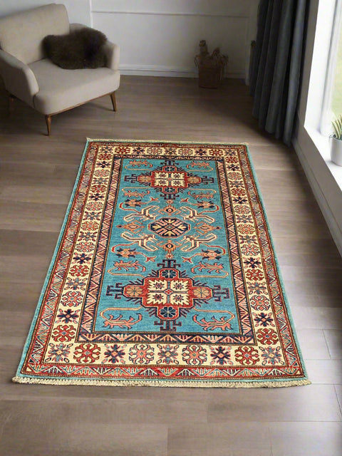 Hand-Knotted Vegetable Dye Kazak Rug from Pakistan, size 3' 4" x 5"