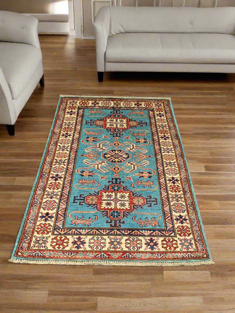 Hand-Knotted Vegetable Dye Kazak Rug from Pakistan, size 3' 4" x 5"
