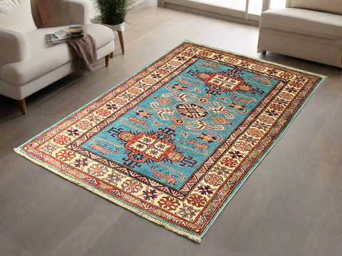 Hand-Knotted Vegetable Dye Kazak Rug from Pakistan, size 3' 4" x 5"