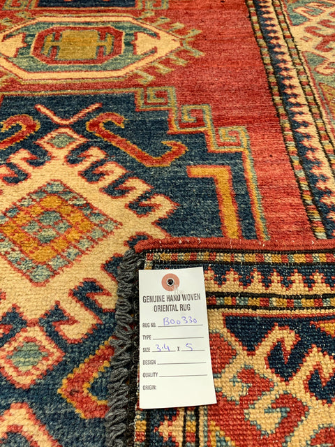 Hand-Knotted Vegetable Dye Kazak Rug from Pakistan, size 3' 4" x 5"
