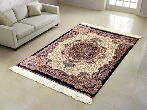 Exquisite 100% Silk Persian Design Rug – Elegant and Luxurious, size 3" x 5" (H)