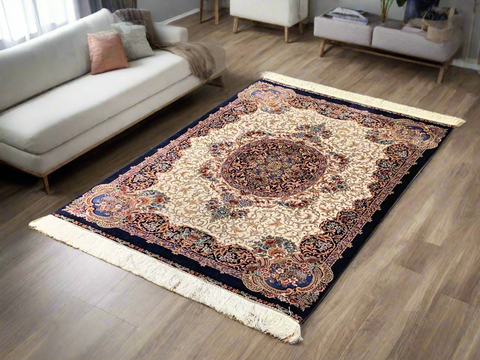 Exquisite 100% Silk Persian Design Rug – Elegant and Luxurious, size 3" x 5" (H)