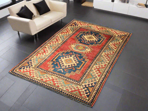 Hand-Knotted Vegetable Dye Kazak Rug from Pakistan, size 3' 4" x 5"