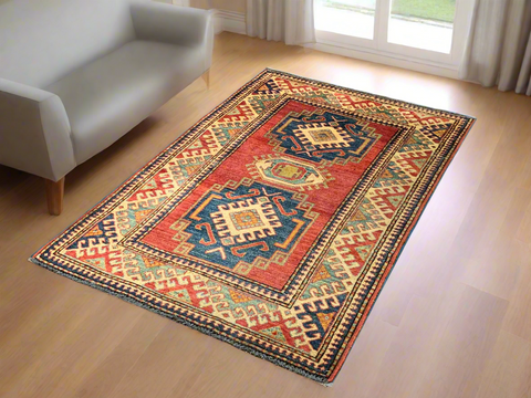 Hand-Knotted Vegetable Dye Kazak Rug from Pakistan, size 3' 4" x 5"