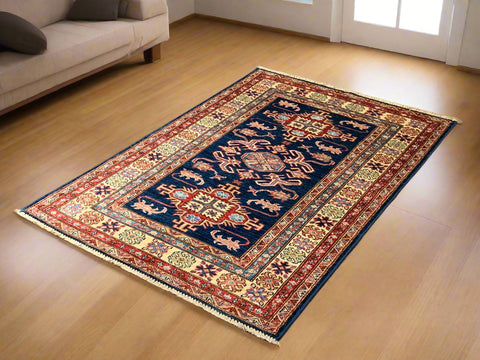 Hand-Knotted Vegetable Dye Kazak Rug from Pakistan, size 3' 4" x 5"