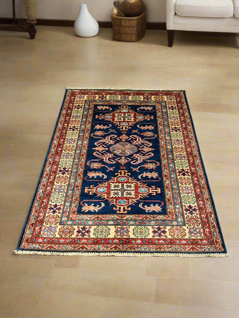 Hand-Knotted Vegetable Dye Kazak Rug from Pakistan, size 3' 4" x 5"