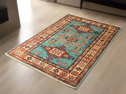 Hand-Knotted Vegetable Dye Kazak Rug from Pakistan, size 3' 5" x 5"