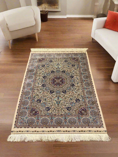 Exquisite 100% Silk Persian Design Rug – Elegant and Luxurious, size 3" x 5" (H)