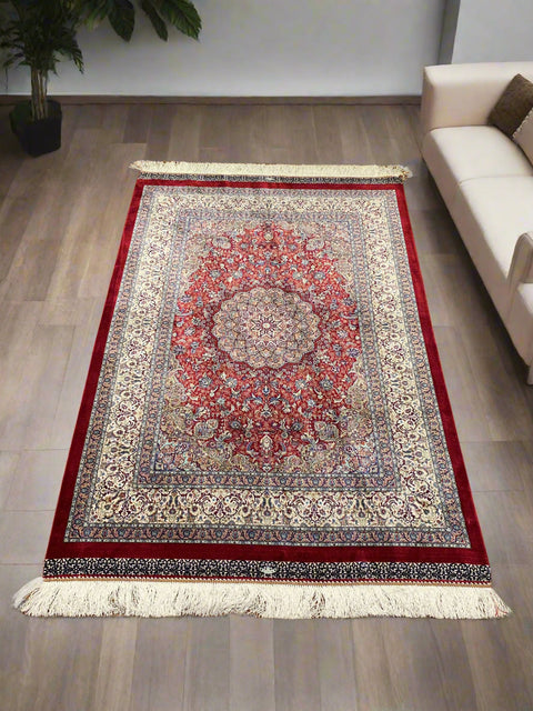 Exquisite 100% Silk Persian Design Rug – Elegant and Luxurious, size 3" x 5" (H)