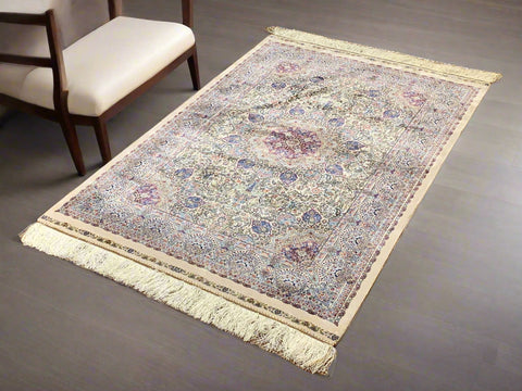 Exquisite 100% Silk Persian Design Rug – Elegant and Luxurious, size 3" x 5"x (H)