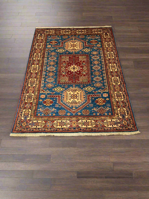 Hand-Knotted Vegetable Dye Kazak Rug from Pakistan, size 5' 7" X 7' 10"