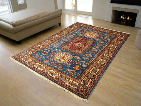 Hand-Knotted Vegetable Dye Kazak Rug from Pakistan, size 5' 7" X 7' 10"