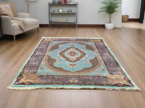 Exquisite 100% Silk Persian Design Rug – Elegant and Luxurious, size 8' 2" x 11' 1"