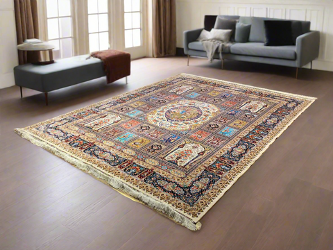 Exquisite 100% Silk Persian Design Rug – Elegant and Luxurious, size 8' 3" x 11' 2"