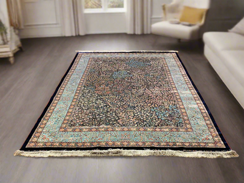 Exquisite 100% Silk Persian Design Rug – Elegant and Luxurious, size 6' 7" x 9' 8"