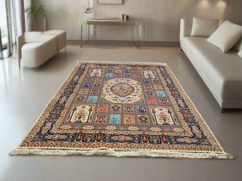 Exquisite 100% Silk Persian Design Rug – Elegant and Luxurious, size  8' 3" x 11' 2"