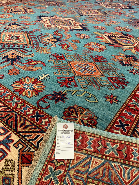 Hand-Knotted Vegetable Dye Kazak Rug from Pakistan, size 9" x 12"