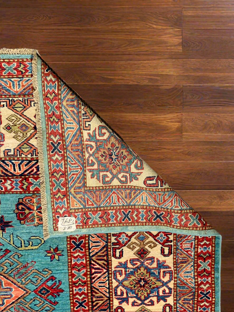 Hand-Knotted Vegetable Dye Kazak Rug from Pakistan, size 9" x 12"