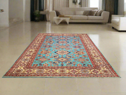 Hand-Knotted Vegetable Dye Kazak Rug from Pakistan, size 9" x 12"
