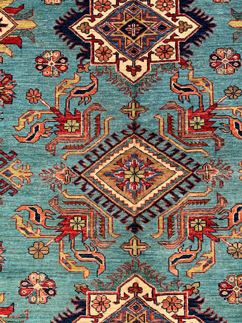 Hand-Knotted Vegetable Dye Kazak Rug from Pakistan, size 9" x 12"