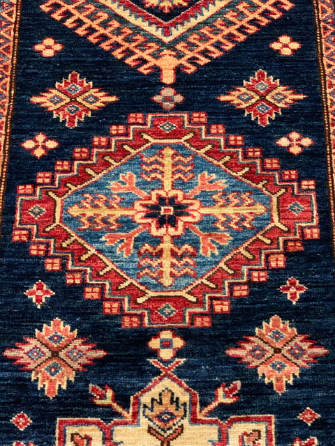 Hand-Knotted Vegetable Dye Kazak Rug from Pakistan, size 2' 8" x 9' 10"