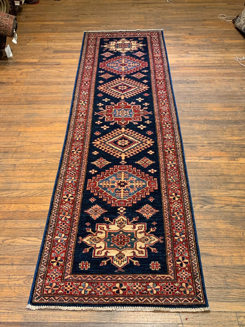 Hand-Knotted Vegetable Dye Kazak Rug from Pakistan, size 2' 8" x 9' 10"