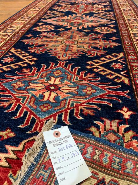 Hand-Knotted Vegetable Dye Kazak Rug from Pakistan, size 2' 8" x 13' 2"