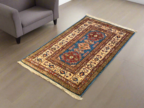 Hand-Knotted Vegetable Dye Kazak Rug from Pakistan, size 2' 7" x 4' 1"