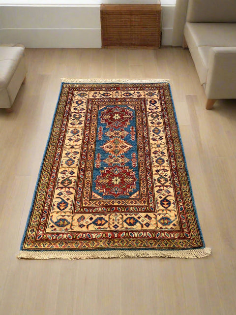 Hand-Knotted Vegetable Dye Kazak Rug from Pakistan, size 2' 7" x 4' 1"