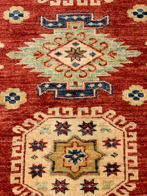 Hand-Knotted Vegetable Dye Kazak Rug from Pakistan, size 2' 8" x 3' 9"
