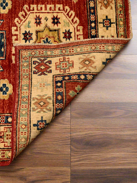 Hand-Knotted Vegetable Dye Kazak Rug from Pakistan, size 2' 8" x 3' 9"