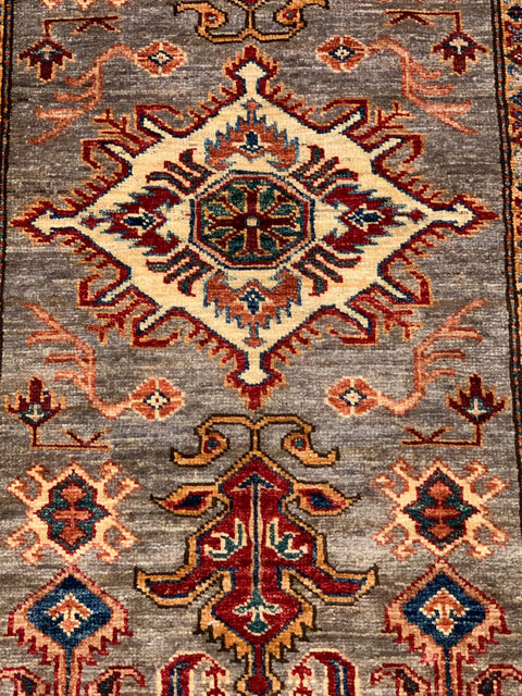 Hand-Knotted Vegetable Dye Kazak Rug from Pakistan, size 2' 10" x 4"