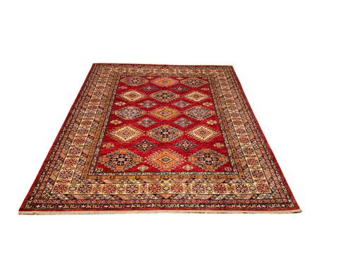 Hand-Knotted Vegetable Dye Kazak Rug from Pakistan, size 7' 11" x 10"