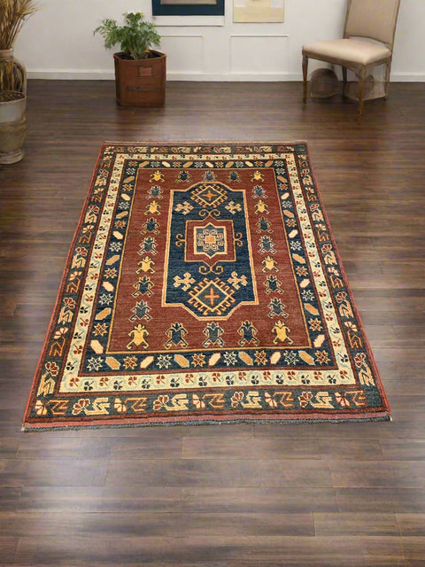 Hand-Knotted Vegetable Dye Kazak Rug from Pakistan, 3' 4" x 5' 3"