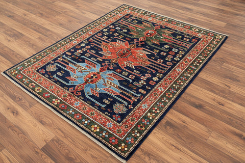 Hand-Knotted Vegetable Dye Kazak Rug from Pakistan, 5' x 6' 7"