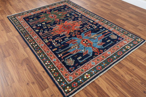 Hand-Knotted Vegetable Dye Kazak Rug from Pakistan, 5' x 6'7"