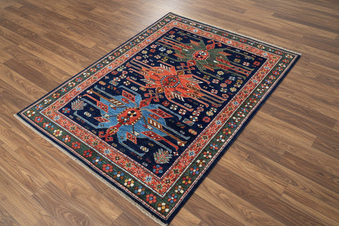 Hand-Knotted Vegetable Dye Kazak Rug from Pakistan, 5' x 6'7"