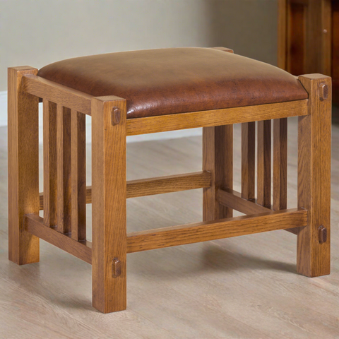 Mission Spindle Stool - Quarter Sawn Oak & Leather (2 Colors Available) (Pre-Order Walnut Stain)