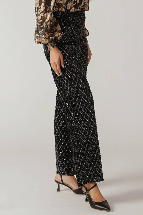 MIDNIGHT DISCO BLACK SEQUIN WIDE-LEG PANTS