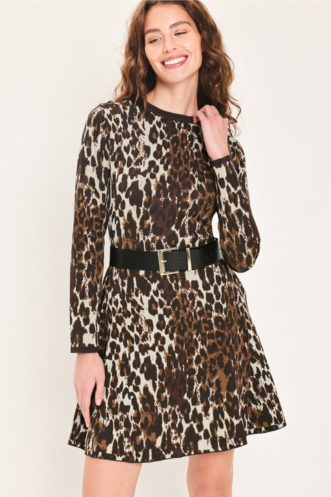WILDLY POLISHED LEOPARD BELTED SWEATER MINI DRESS