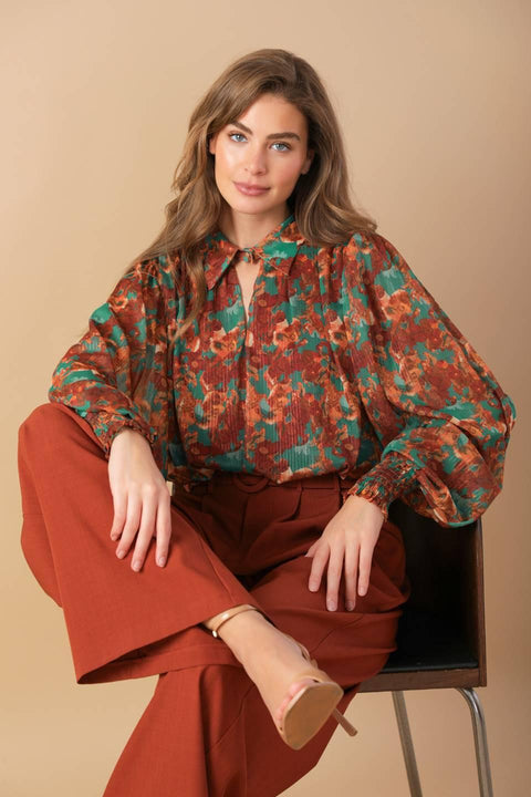 NOSTALGIC TEAL BROWN WOVEN TOP