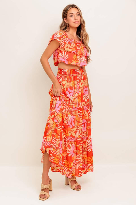 FAINT SUNBEAM RED WOVEN TOP AND SKIRT SET