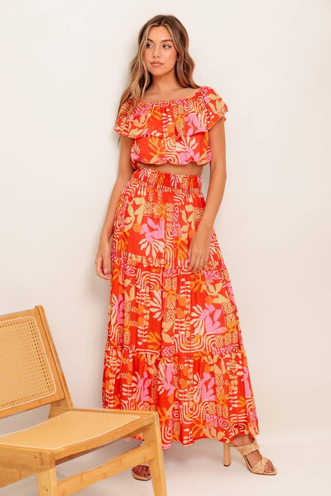 FAINT SUNBEAM RED WOVEN TOP AND SKIRT SET