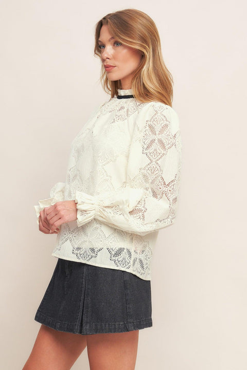 PRECIOUS LOOK IVORY WOVEN LACE TOP